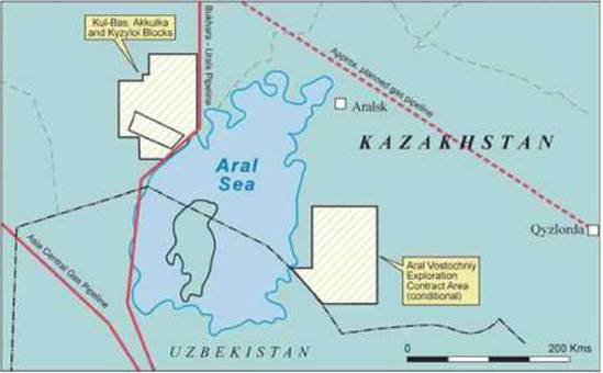 Основные газопроводы, районы добычи и разведки углеводородного сырья в Приаралье